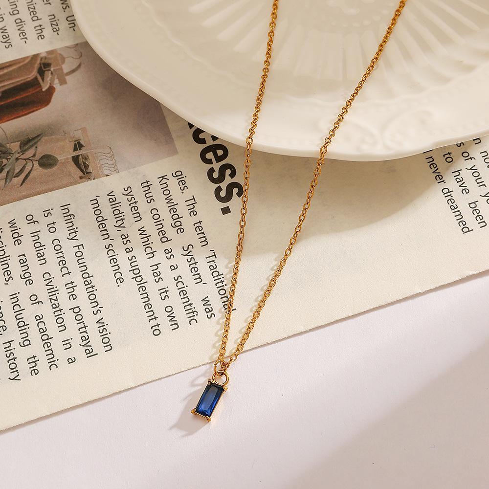 High-End European-American 18K Gold-Plated Titanium Necklace with Blue Zirconia Square Pendant for Women