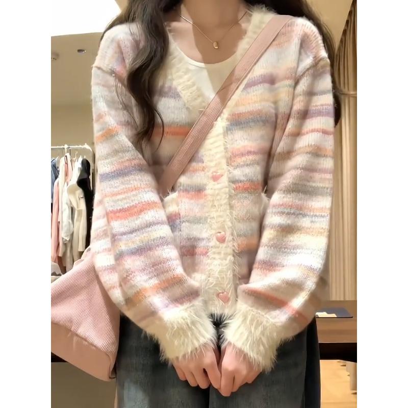 Woman Colorful Striped V-neck Sweaters Swee Lovely Women's Loose Long Sleeved Cardigan Autumn Versatile Comfortable Lady Sweater Coat