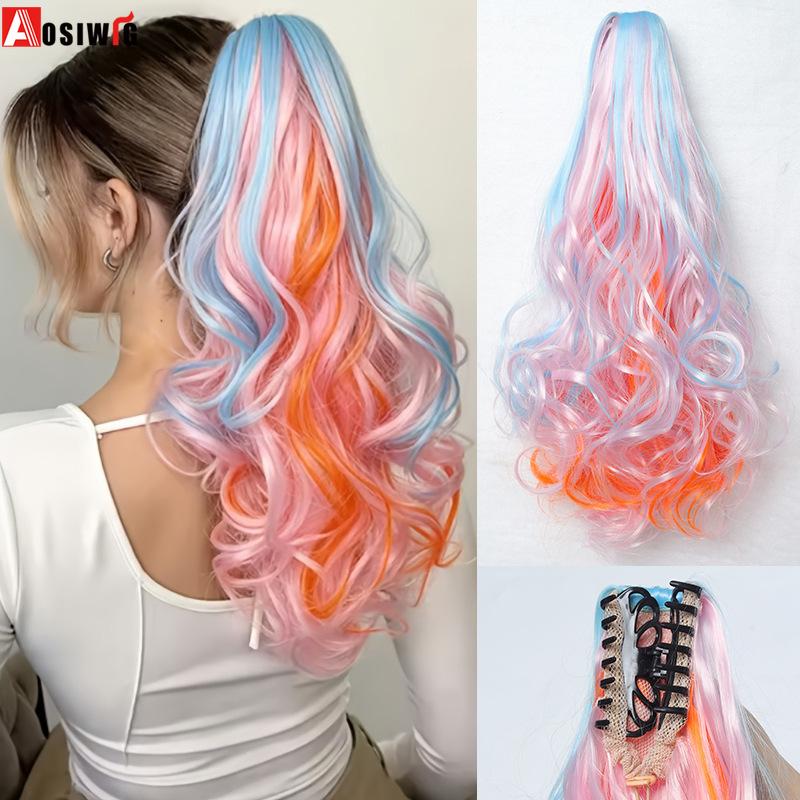 Claw Clip Ponytail Extension Ombre Pastel Curly Wave Synthetic Hairpiece Rainbow Fake Pony Tail for Women Cosplay Daily Wear