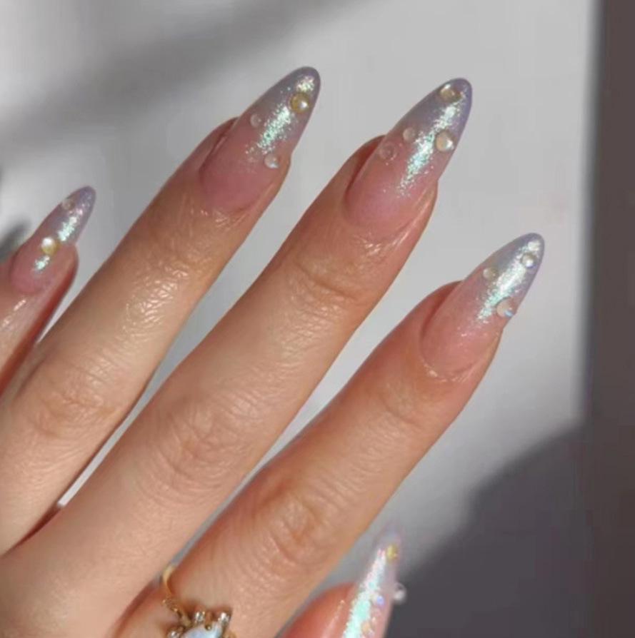 

Blue-Gray Gradient Almond Press-On Nails with Glitter - 24 Medium-Long Pieces