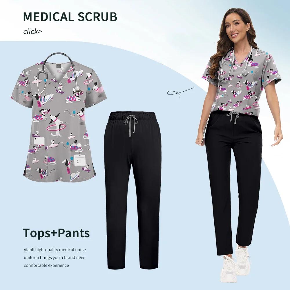 Printed Scrub Uniform Set V Neck Short Sleeves Pockets Top Medical Soft Scrub Pants Sets Nurse Surgical Uniforms Woman