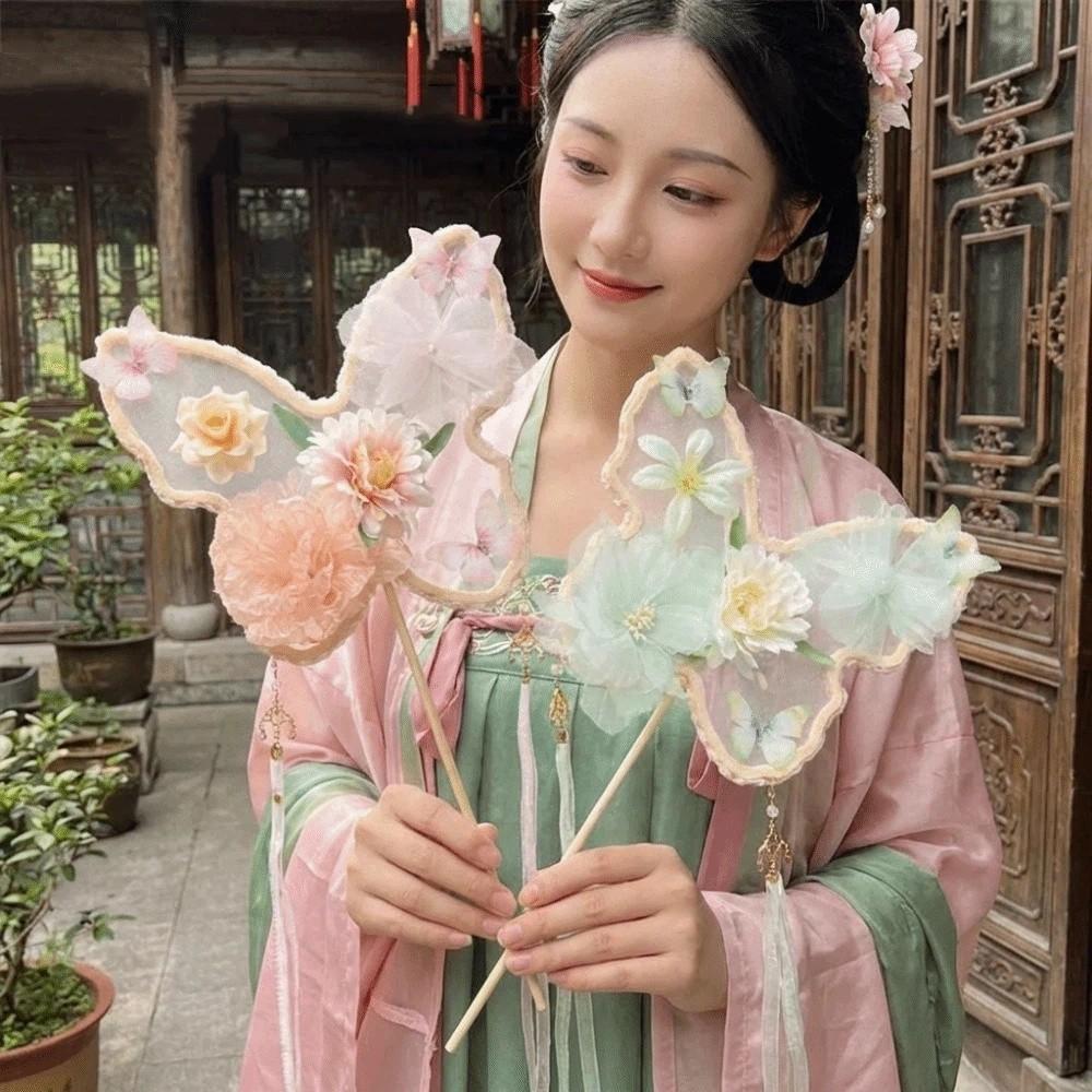 Long Handled Chinese Style Fan Handmade Dance Fan Ancient Flower Fan Artistic Performance