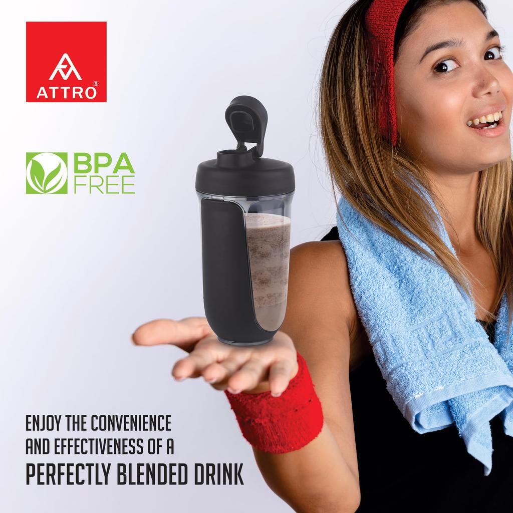 ATTRO Fit Fusion Shaker Bottle 600ml - BPA-Free Protein Mixer with Wire Whisk Ball | Leakproof Lid, Easy Carry Strap | Ideal for Gym, Fitness, Pre/
