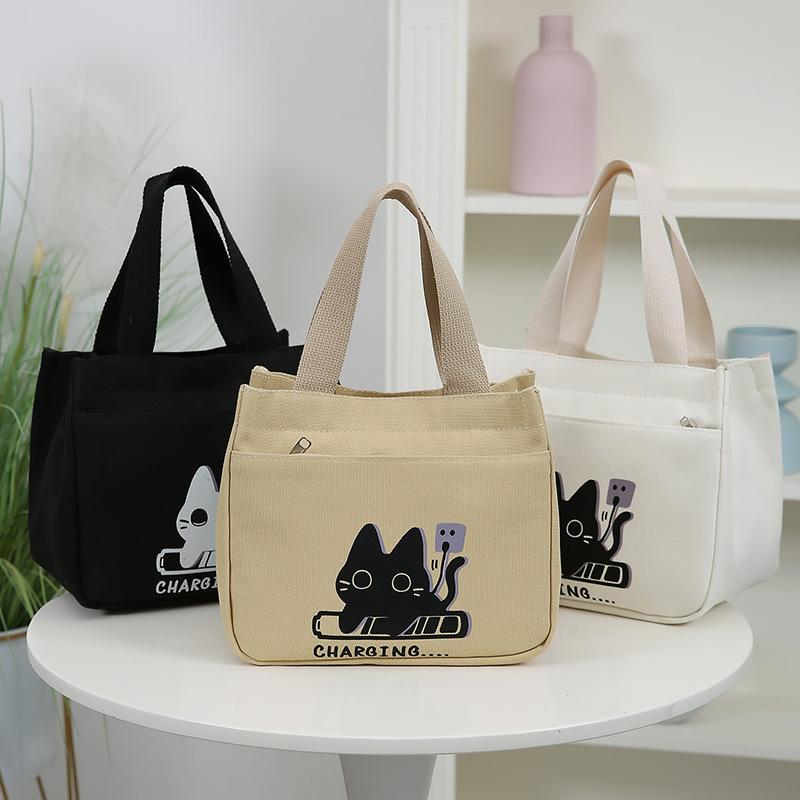 Cartoon Charging Cat Pattern Canvas Versatile Handbag Commuting Office Worker Lunch Tote Bag