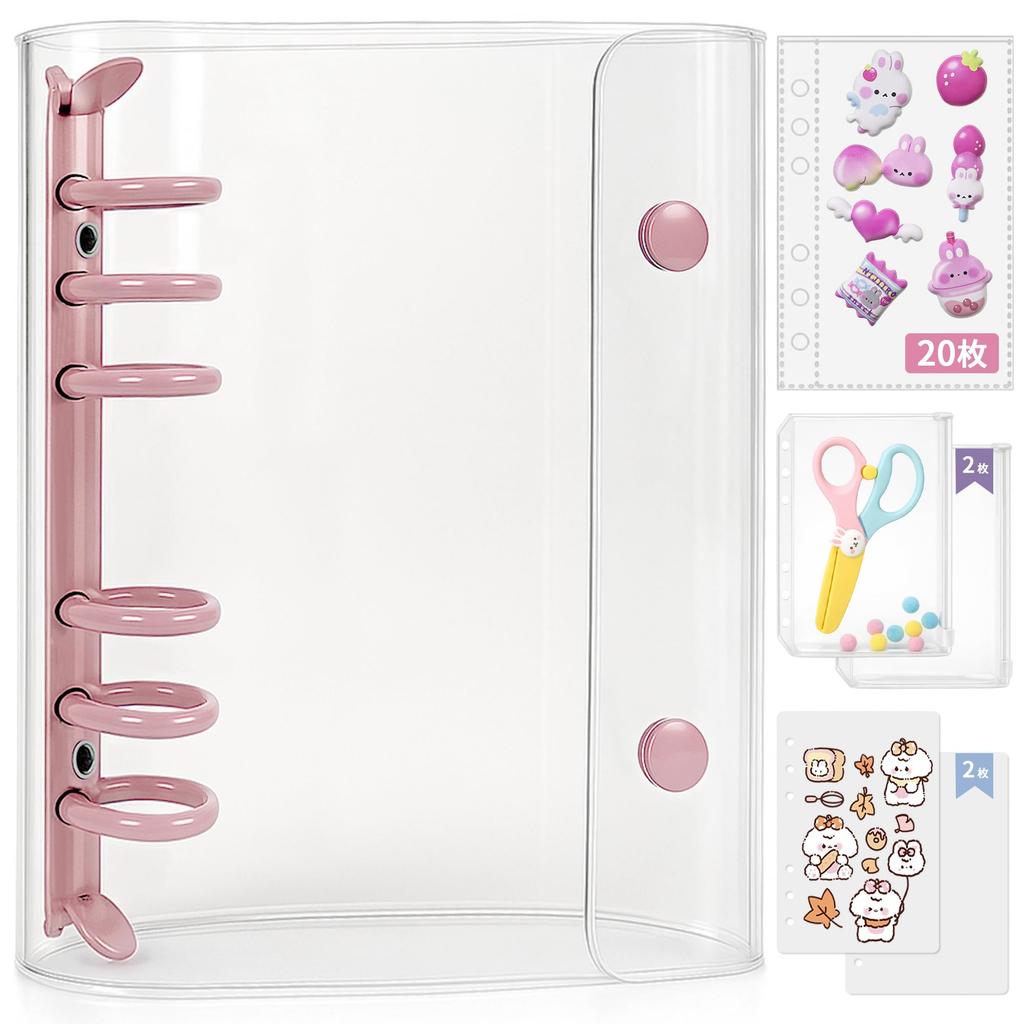 GOKEI Rozmiar A6 Przezroczysty Segregator Planer Naklejek Mini 1 20 2 Zamykana na Zamek i 2 Kieszonki na Karty Puricho Biurkowe Wyjmowane dla Dziewcząt [Zawiera Segregator, Wkłady, Kieszonki,