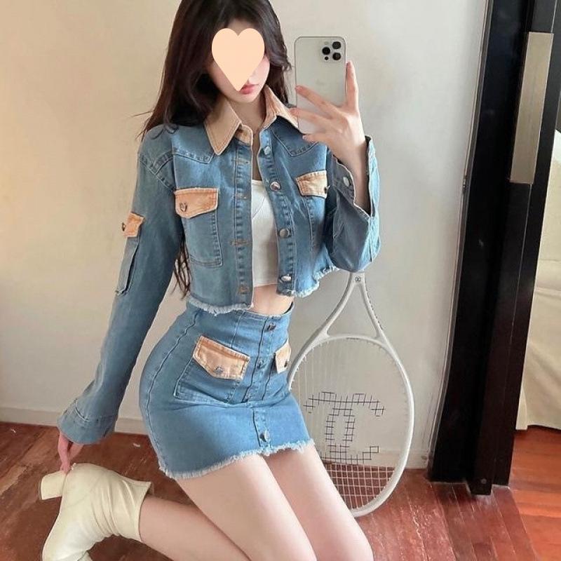 

Women s Two-Piece Hong Kong Style Denim Suit: Retro Washed Jacket & Hip-Hugging Skirt. S for up to 100 jin