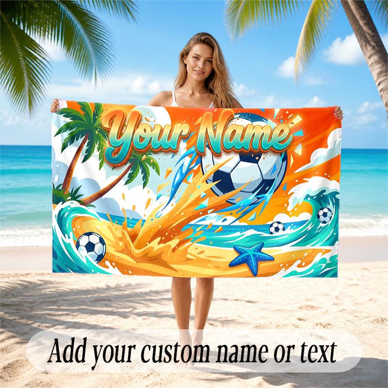 Soccer Theme Beach Towel Personalized Custom Name & Text Soft Quick Dry Beach Towel for Swimming Travel
