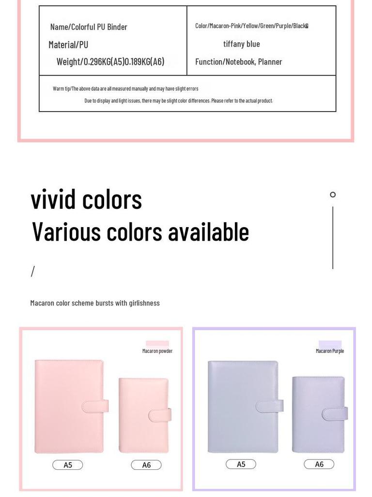 Korean Heart Macaron A5/A6 Ring Binder Notebook - PU Journal with 6-Hole Design