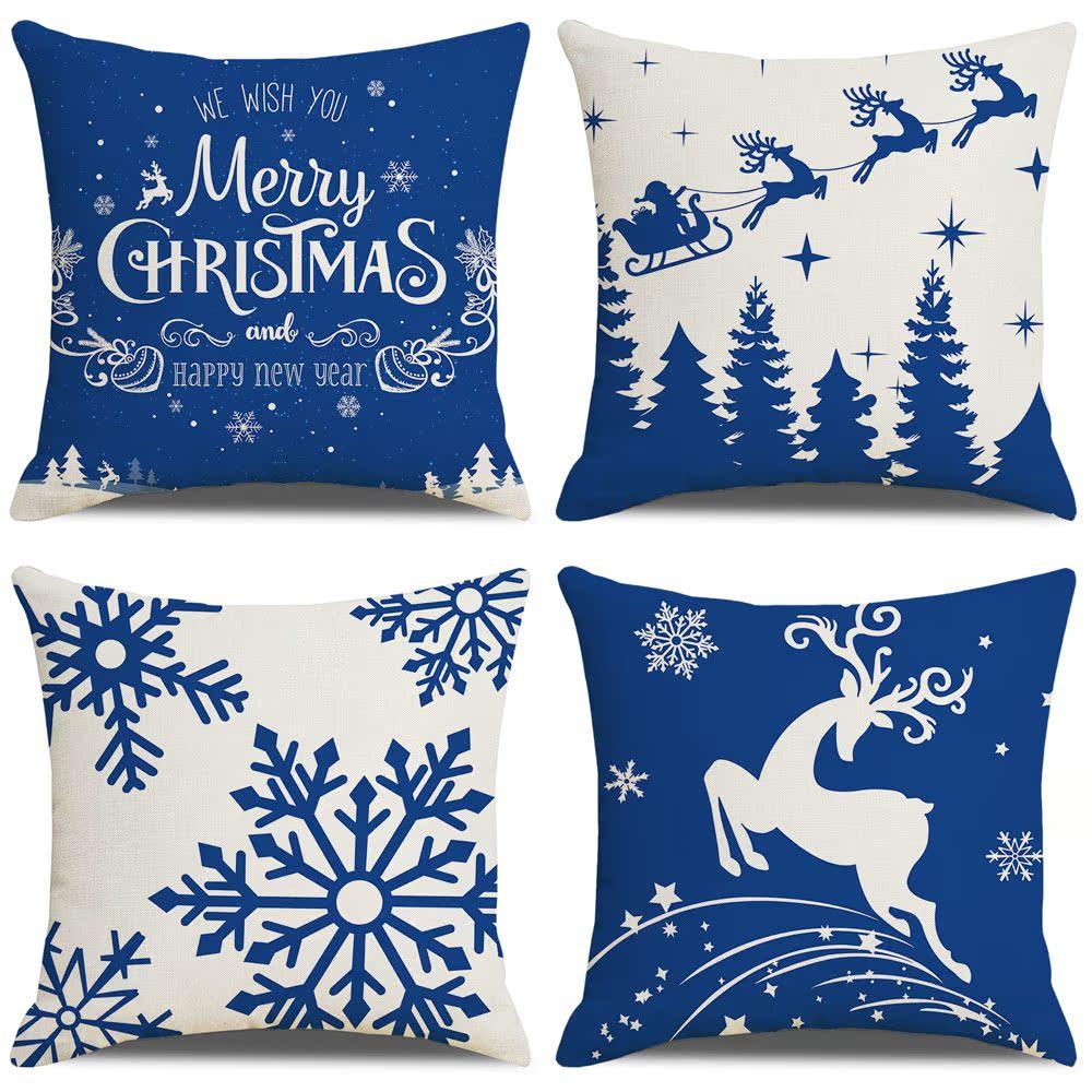 Blue Christmas Linen Pillow Cover New Digital Printing Simple Cushion Cover Cushion Cover