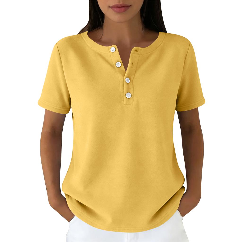 Lässiges Damen-T-Shirt in verschiedenen Farben, V-Ausschnitt, kurzen Ärmeln und Zierknöpfen.