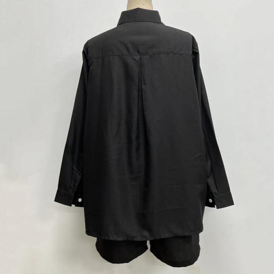 2 Pcs/Set Women Shirt Shorts Set Solid Color Long Sleeves Lapel Blouse