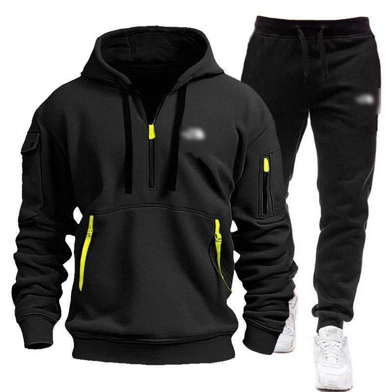 Mens Winter Hooded Tracksuit Long Sleeve Top Pants Set Multi Pockets Casual Sportswear