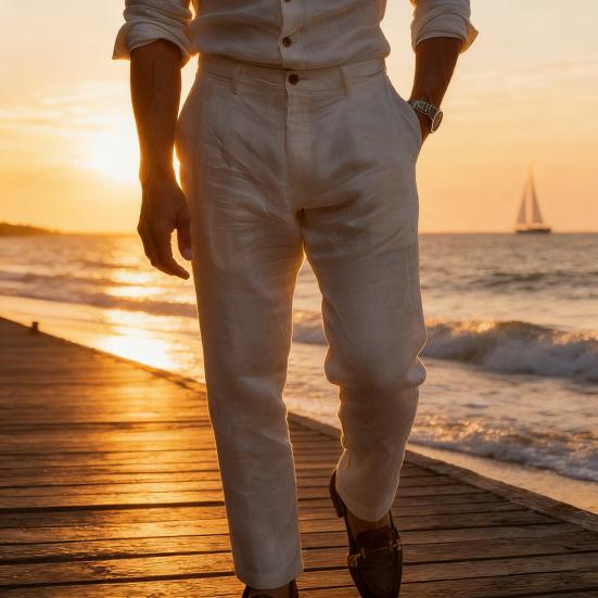 Men Linen Casual Pants Plain Color Dress Pants with Trousers Breathable Regular Fit Belt Loop