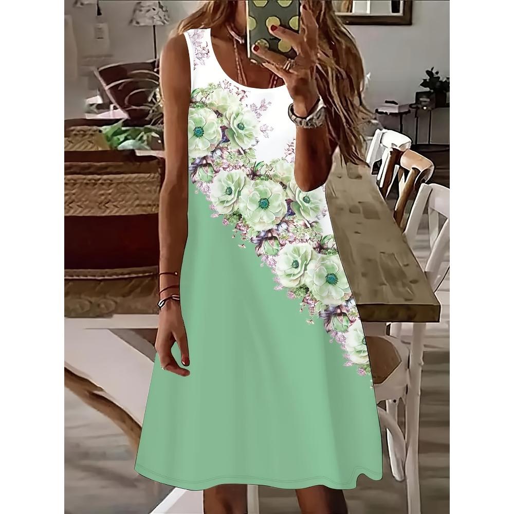 Women s Printed Sleeveless Dress For Spring And Summer, Casual And Elegant Round Neck A-Line Dress, Casual Printed Dress S