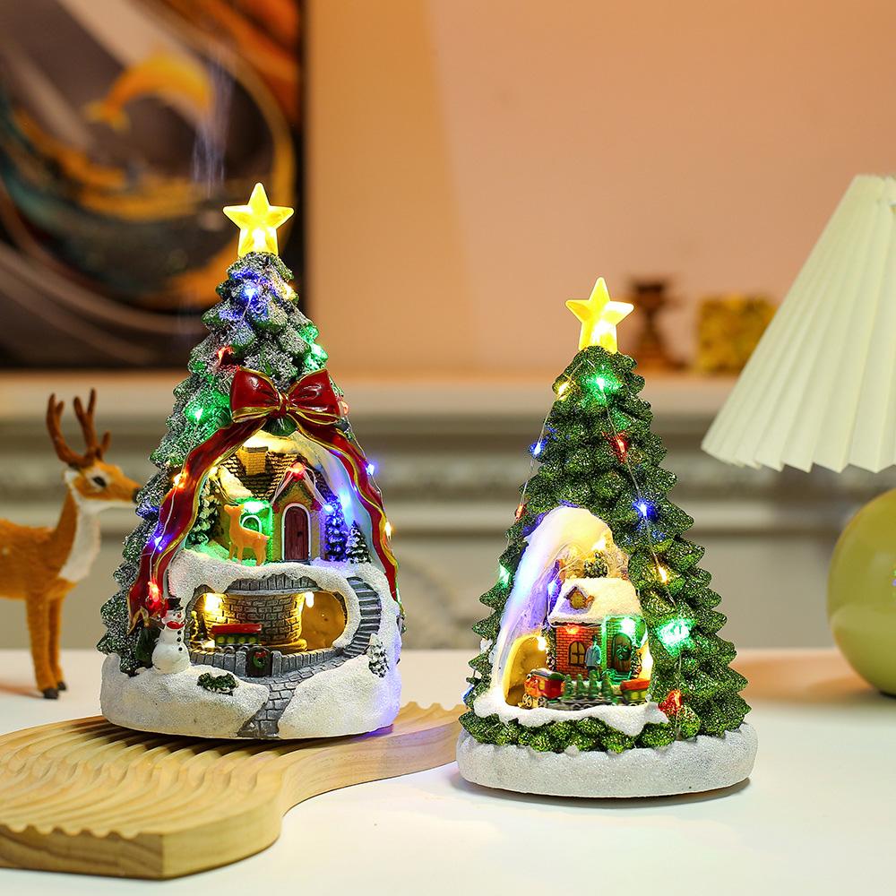 Christmas Tree Luminous Music Box Decorations Exquisite Resin Christmas Tree Desktop Ornaments Snow House Crafts Christmas Gifts