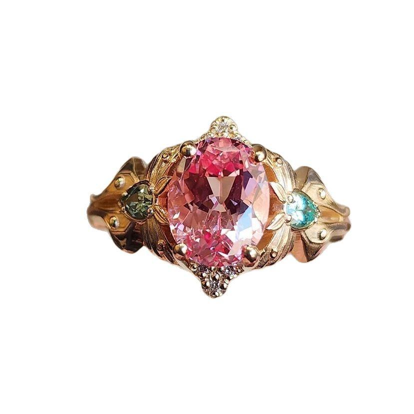 Luxe Europese en Amerikaanse Nieuwe Luxe Bloemring, Vergulde Roze Diamant Edelsteen Ring Europese Mooie Vrouwen Sieraden