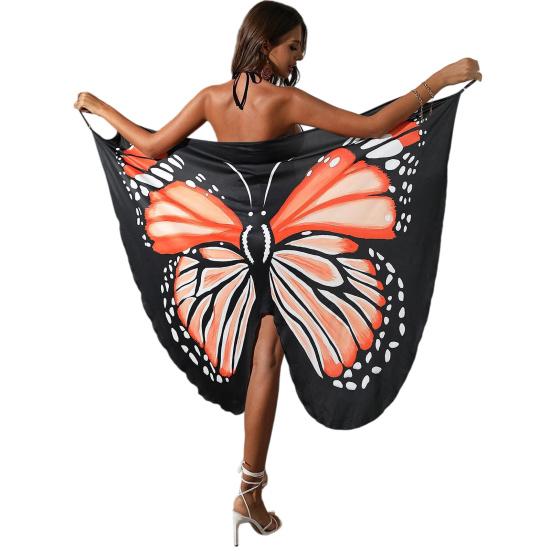 Women Beach Dress Versatile Spaghetti Strap Wrap Skirt Breathable Butterfly Wings Pattern Cover Up