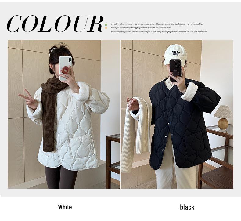 Bomullsjacka för dam i koreansk stil med diamantmönster, kraglös - Kort, sömlös, lättviktig för höst & vinter