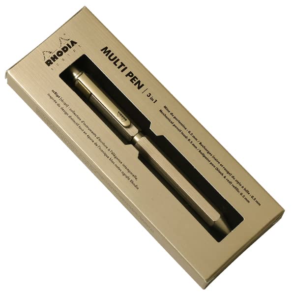 RHODIA Script a Ballpoint Pen with Two Colors and and a Mechanical Pencil with a Hairline Finish and Rotary Aluminum Body Multi-Pen Gold, 0.5mm