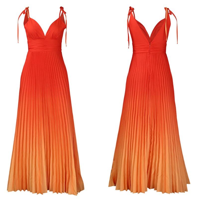 Plus Size Women V Neck Sexy High Waist Gradient Pleated Long Evening Dress
