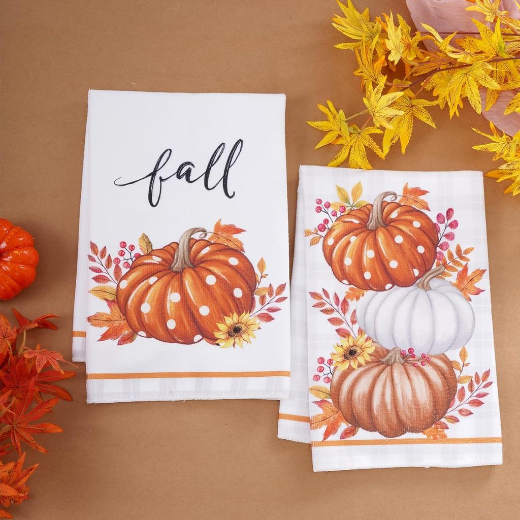 Fall Kitchen Towels for Fall Decor Orange Pumpkin Truck Maple Leaves Autumn Dish Towels Thanksgiving Farmhouse Rustic Home Kitchen Decor 16 x 24 Inch