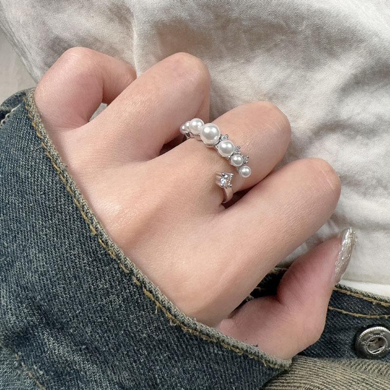 Korean Pearl Unique Zirconia Open Ring For Women With Adjustable Fit And Modern Charm