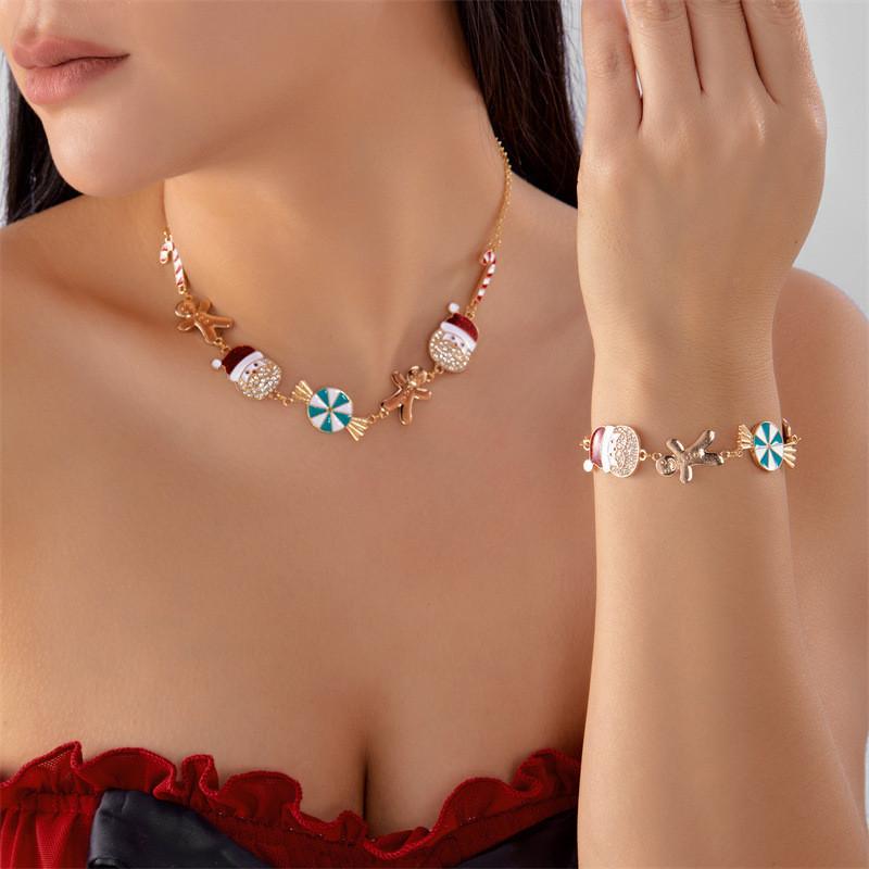 Christmas Jewelry Set With Rhinestone Santa And Gingerbread Pendant For Holiday Gifts