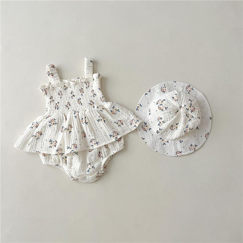 

2 шт., белый комбинезон с цветочным принтом для маленьких девочек и шляпа, боди без рукавов для младенцев, летняя одежда для малышей 66