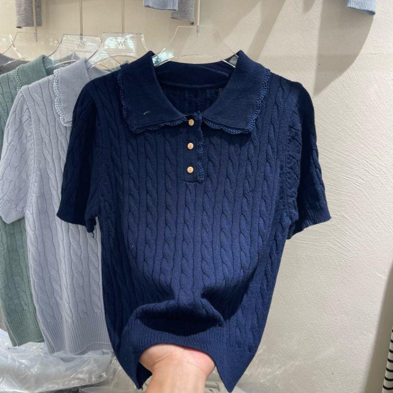 

Лето 2025 Корейское кружево Воротник Питер Пэн Вязаный Короткий рукав Женский топ Extra Large тёмно-синий