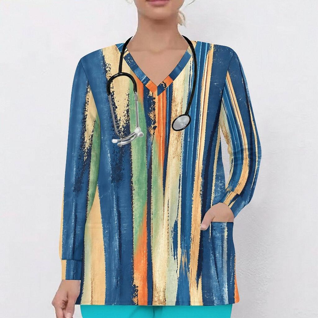 Women Plus Size Blue Pink White Printed V Neck Long Sleeve Nurse Scrub Top With Front Pockets