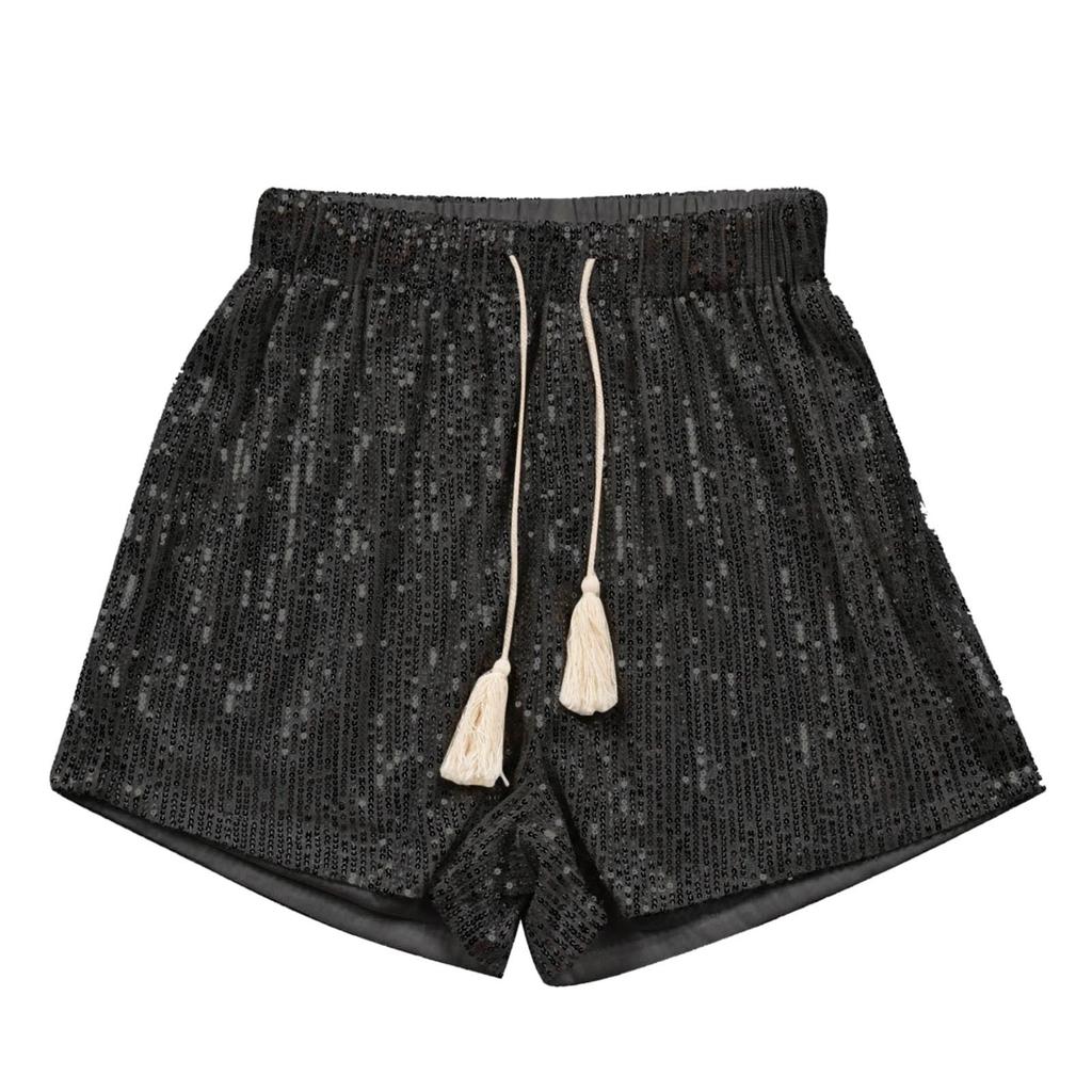 Women Summer Sequined Shorts High Waist Casual Loose A Line Shorts Shiny Clubwear Night Out Shorts Silver Black Shorts