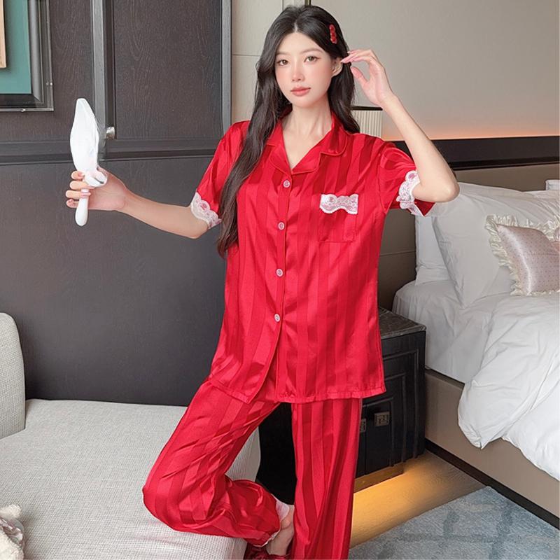 Summer lace patchwork stripes Women Sleepwear Sets Rest Autumn Pajamas Set Turn Down Collar Faux Silk Satin Short Sleeve Female Pijama Home Wear