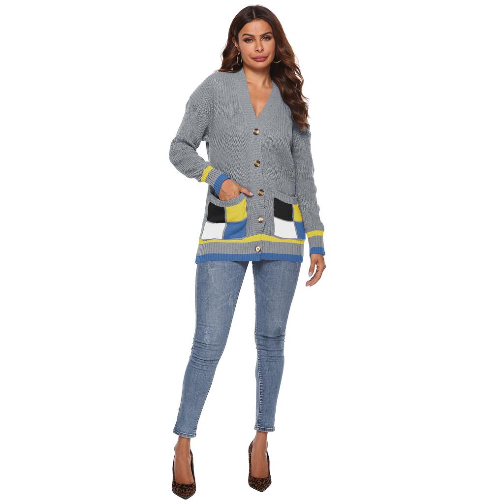 Autumn and Winter Women's Thickened Cardigan Colour Blocking Pockets Single-breasted V-neck Casual Jumper