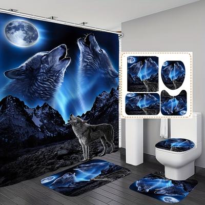 4pcs Wolf Pattern Waterproof Shower Curtain With 12 Hooks Non-Slip Bathroom Rug Toilet U-Shape Mat Toilet Lid Cover Pad