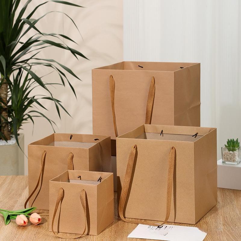 Kraft Paper Square Gift Bag with Handles Reusable Packaging Bags for Small Shopping Wedding Birthday Party Flower Bags Square Cake Tote Sacks 10pcs