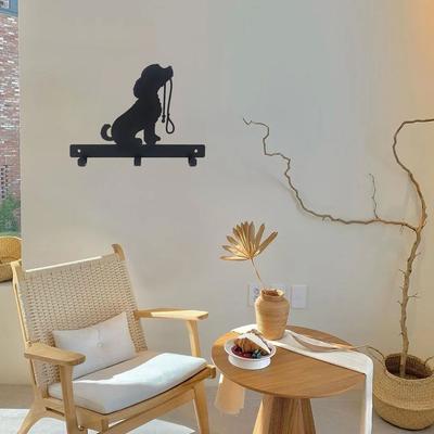 Dog Lead/Leash and Key Coat Hanger - Wall-Mounted Rack with Iron Crafts for Towels, Keys, and Coats, Featuring Dog Design