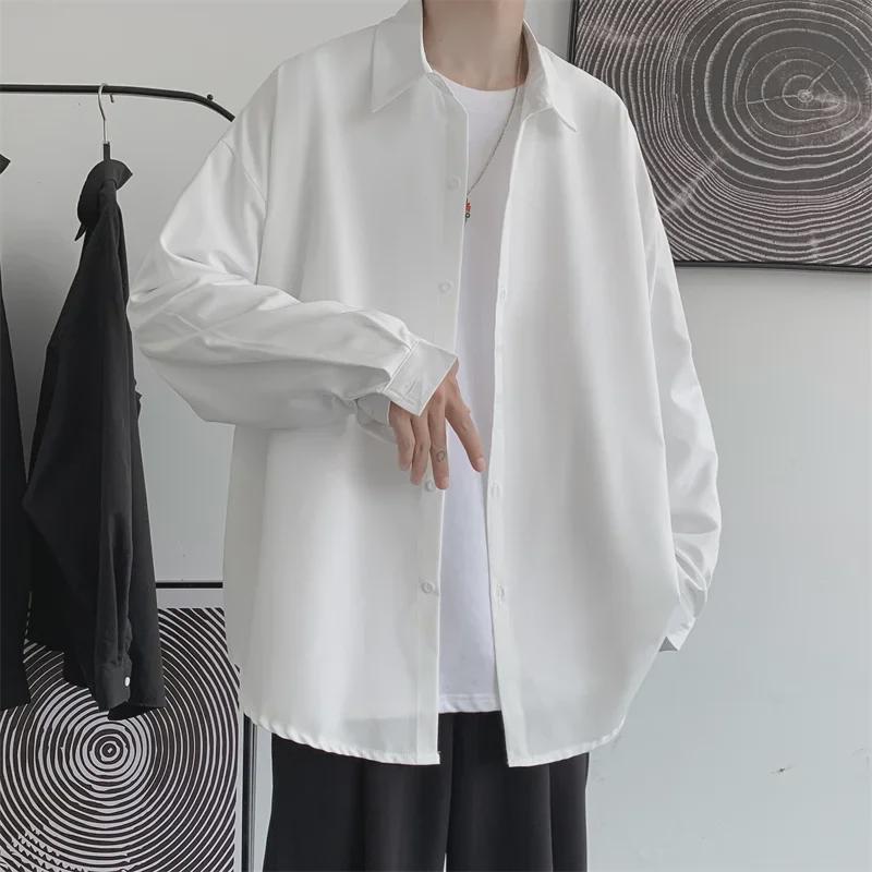 Men's Long-Sleeve White Shirt: College Style, Loose Fit, Korean Trend