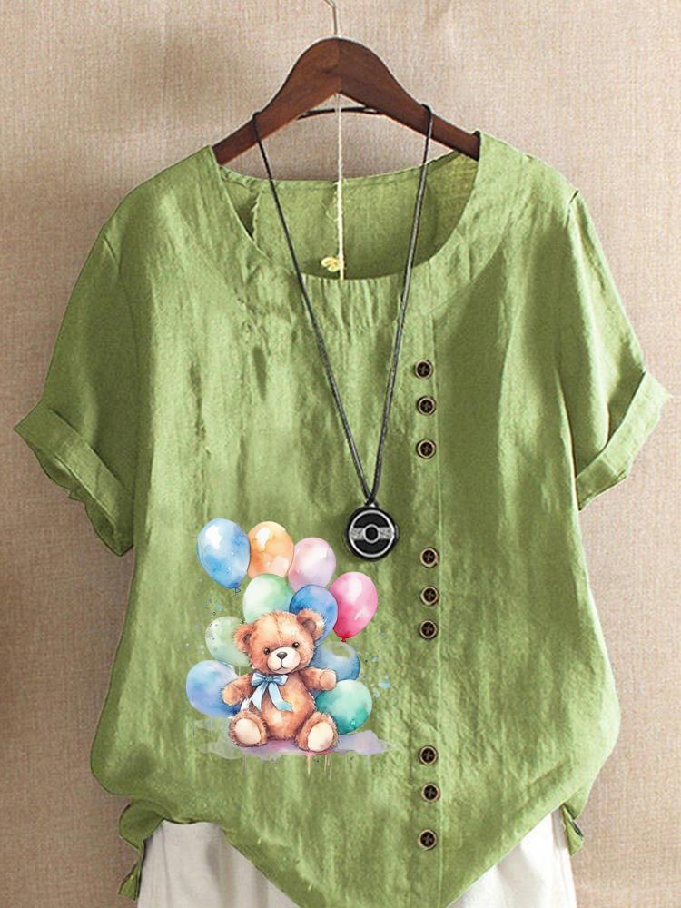 Women's Fashion Bear Print Round Neck Short Sleeve T-shirt Summer Casual Cotton Linen Graphic Shirt Leisure Loose Blouse Tops