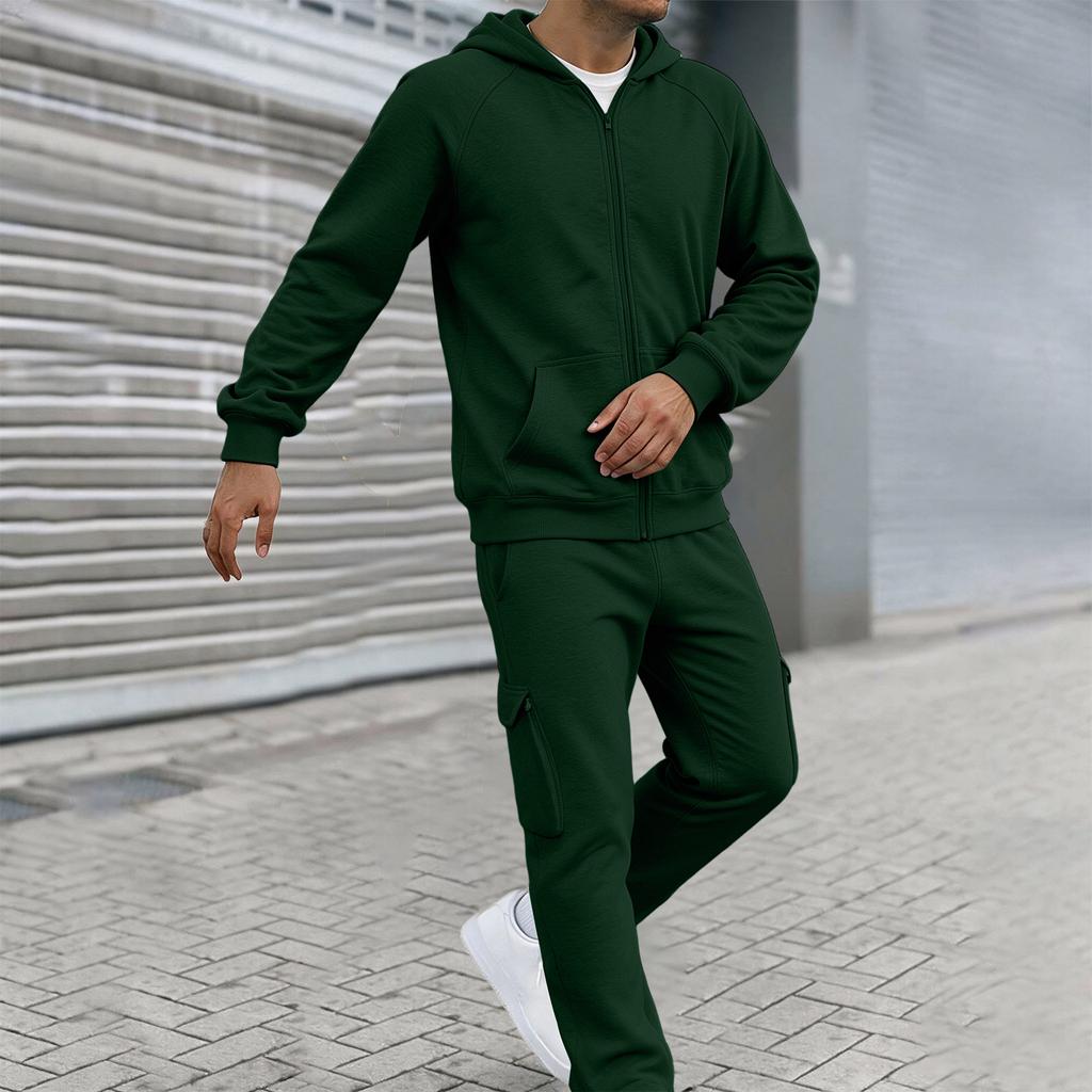 Men's Casual Two Piece Outdoor Set - Pullover Sweatshirt with Elastic Waist Cargo Pants