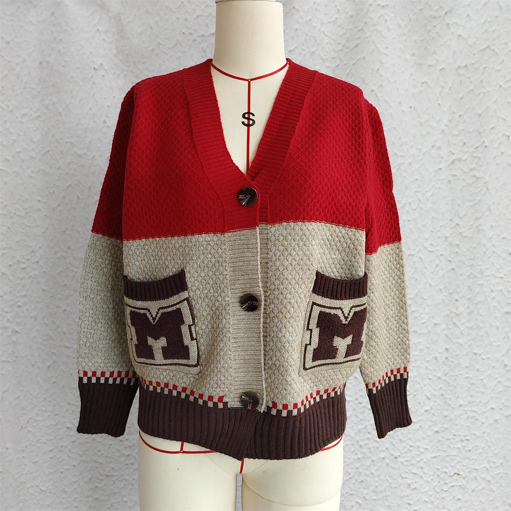 New Knitted Cardigan Autumn Edition Color Blocked Women's Sweater Jacket, Loose Casual Top for Outer Wear 3522