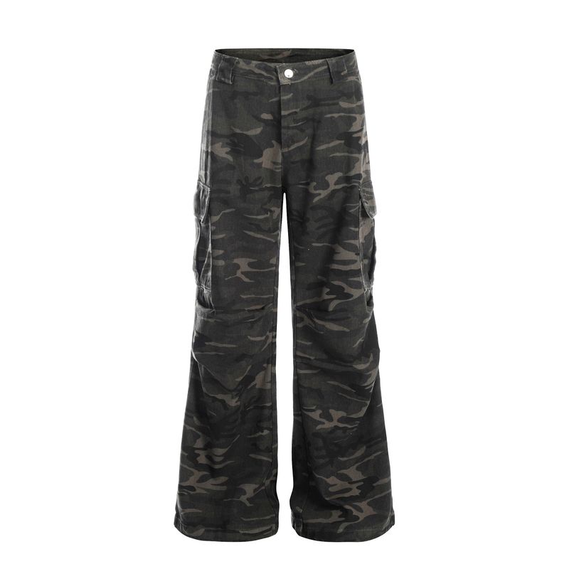 

Madwitch American Retro Camouflage Workwear Jeans for Men and Women, Washed and Distressed Design, Slightly Flared Casual Pants Camouflage 2XL