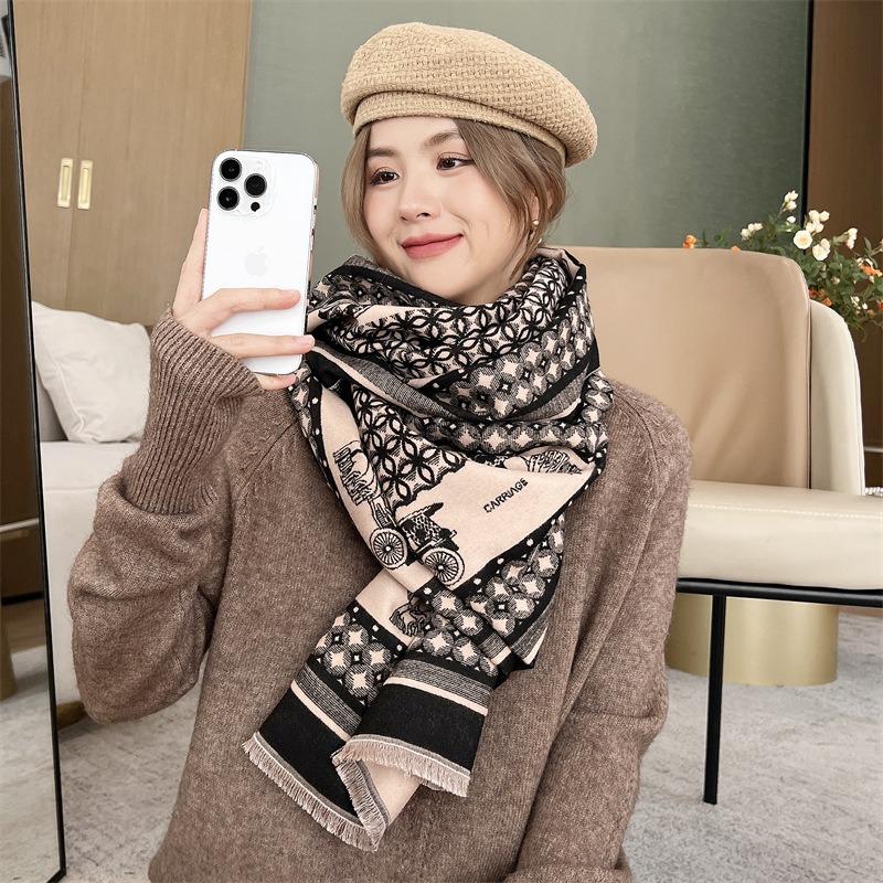 Scarf Women's Winter Versatile Thickened Warm Carriage Shawl with Imitation Cashmere Double-sided Jacquard Scarf Neck Protection