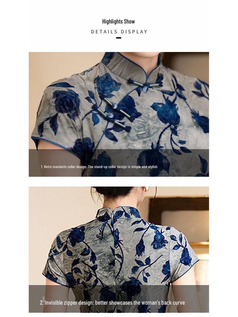 Eleganckie Cheongsam z Nadrukiem Niebieskich Róż - Kolekcja Lato 2025 dla Młodych Dziewcząt