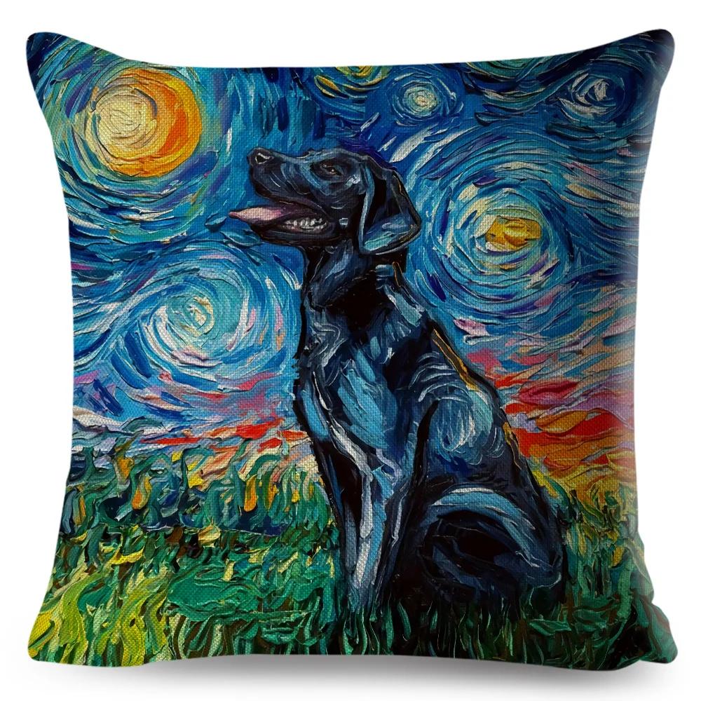 Both Sided Starry Sky Dog Cushion Cover Decor Oil Painting Cartoon Pet Animal Pillow Case for Sofa Home  Linen Pillowcase