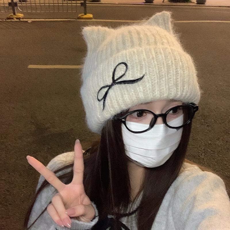 

Japanese Cat Ear Knitted Hat Bow Big Head Wool Hat Women s Face Small Warm Versatile Knitted Cold Hat One Size