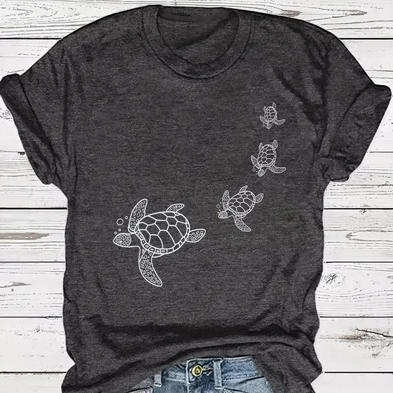 Women Summer T Shirt  Print Turtle Print  Short Sleeve Tees Casual   Printed  Tops