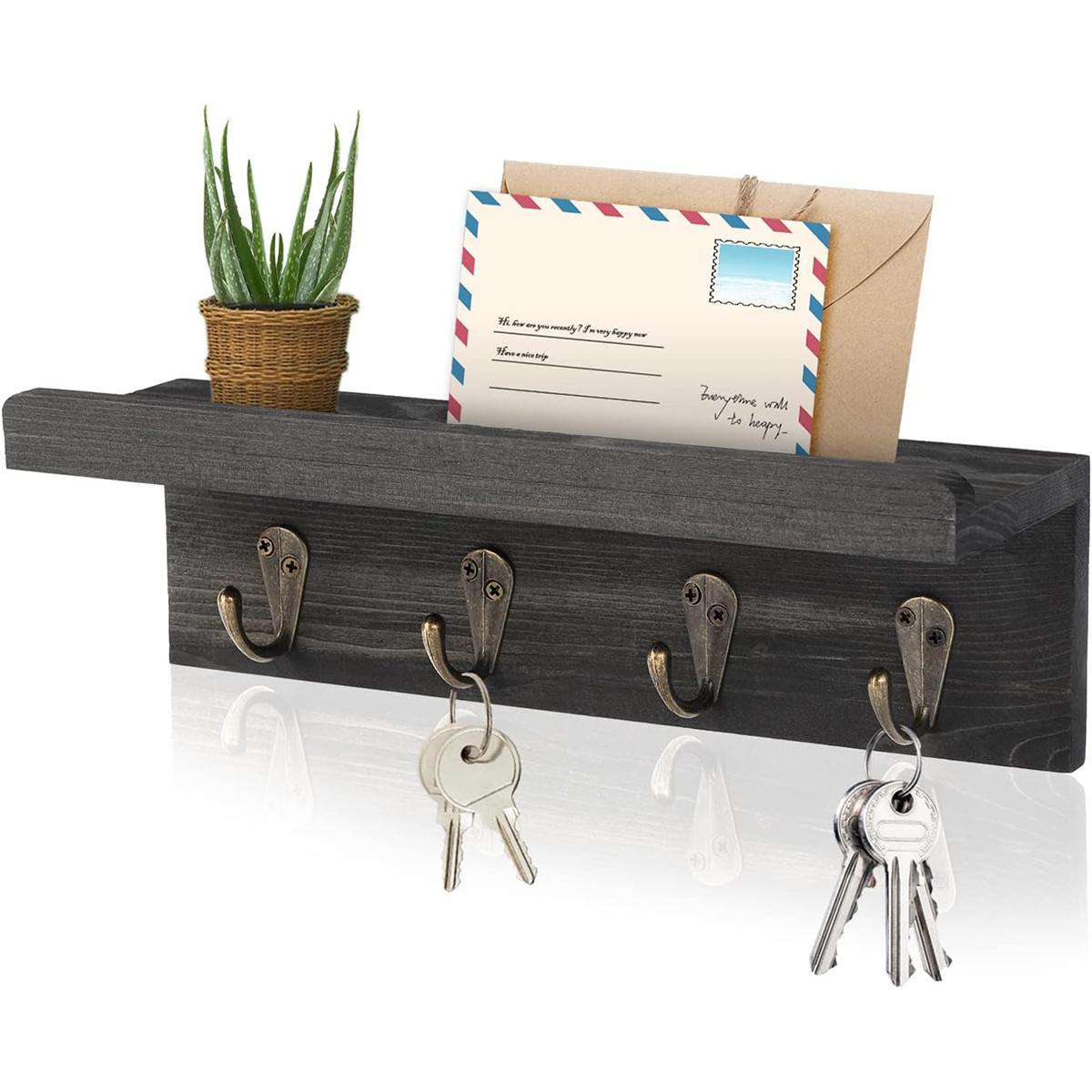 

Держатель ключей в деревенском стиле для стены, настенная полка в фермерском стиле с 4 крючками, настенные вешалки для ключей, деревянный почтовый органайзер с крючками M чёрный