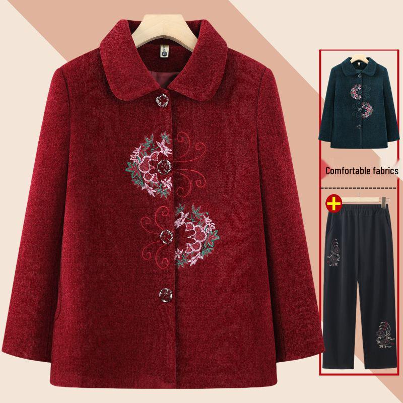 Elegant Embroidered Wool Coat for Elderly Women - Autumn/Winter Fashion with Velvet Lining