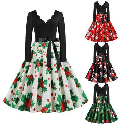 Costume Party Dress Long Sleeve Large Hem Slim Waist Tied Patchwork Dress for Christmas