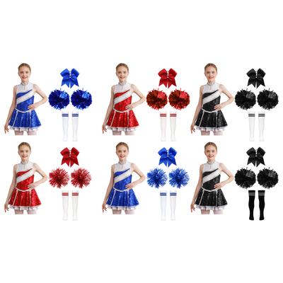 Girls Cheer Costume Sequined Patchwork Dress Invisible Back Zipper Performance Outfit with Bow Headwear Pom Socks Dance Wear